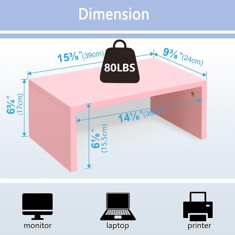 TEAMIX Pink Monitor Stand Riser-6.7 inch, Wood Higher Monitor Riser with Storage for Desk, Laptop Riser Computer PC Stand for Desktop Workspace Home Office(Pink-Higher) - Image 3